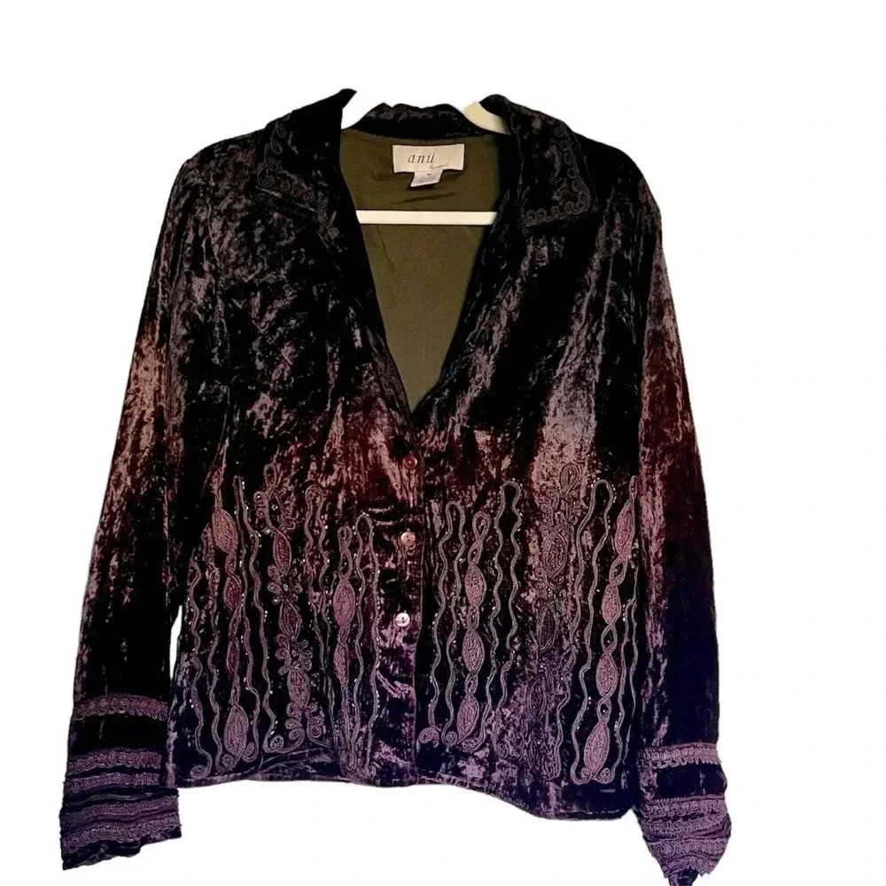 Anu by Natural Black Brown Ombré Velvet Jacket‎ Bead Details Size Medium